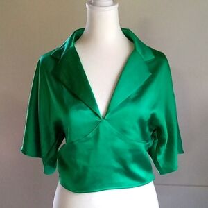 Ro & De Anthropology Satin V-Neck Top Emeral Green Size XS